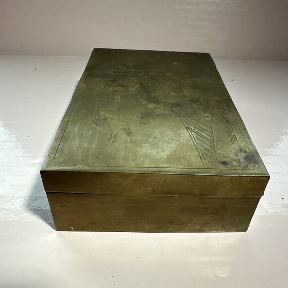 Vintage Brass Asian Jewelry Box With Art Image Old Trinket Box Antique Brass Box - Picture 7 of 12